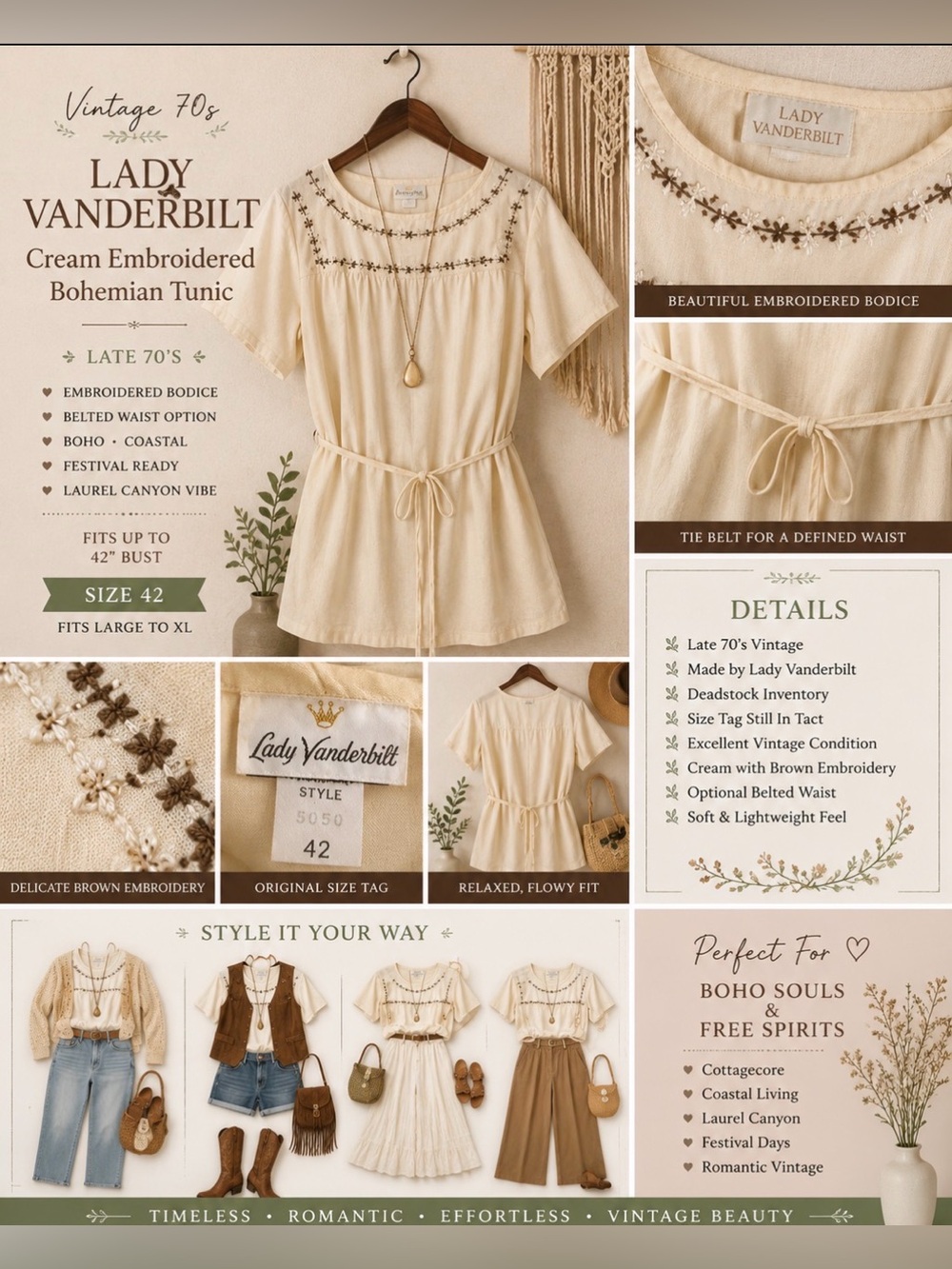 Vintage 70s - Lady Vanderbilt- Cream Embroidered Bohemian Tunic
